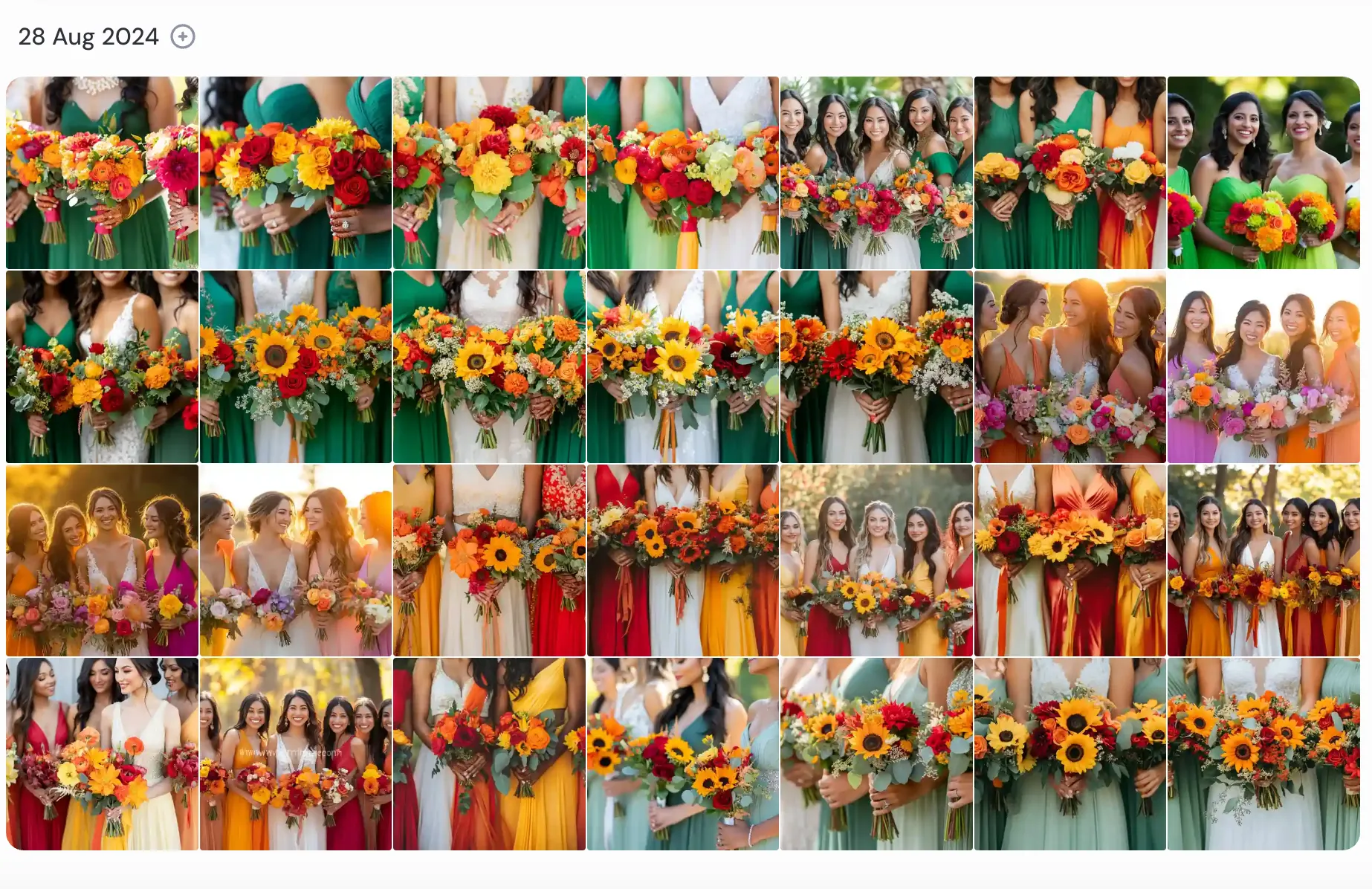 Multiple variations on bridesmaids holding flowers in different colors and styles